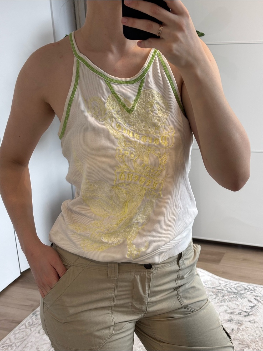 Parasuco 100% Cotton White & Lime Ribbed Halter Tank Top - Picture 3 of 5